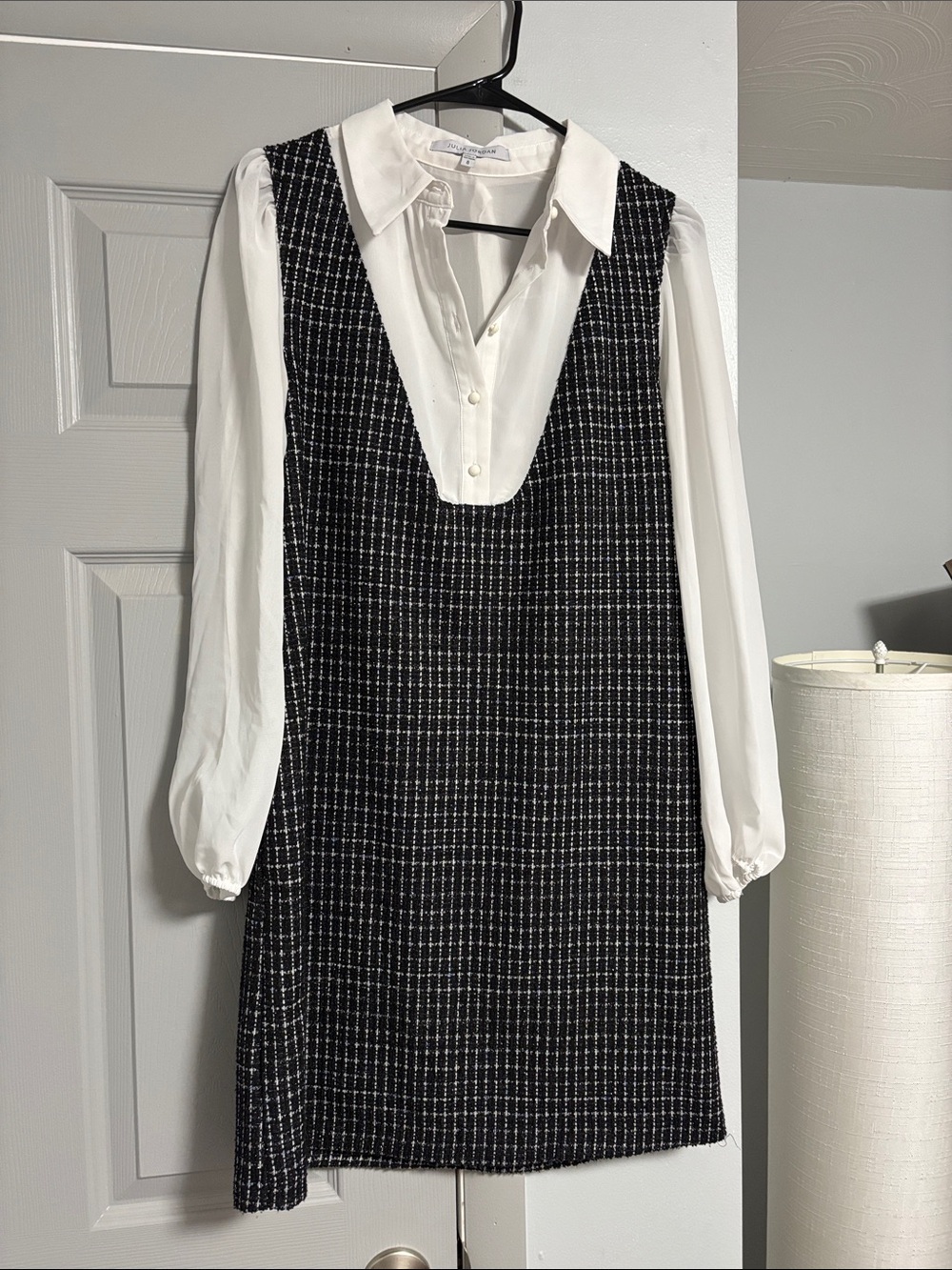 julia jordan Black & White Tweed Shift Dress with Attached White Blouse